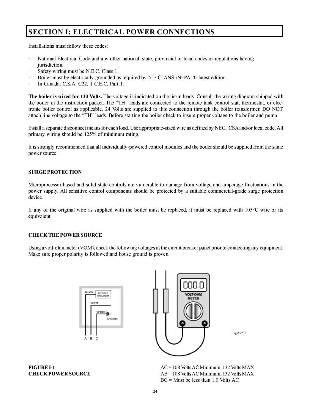 Raypak 500, 750, 1000 Section I Electrical Power Connections, Surge Protection, Check the Power Source, Check Power Source 