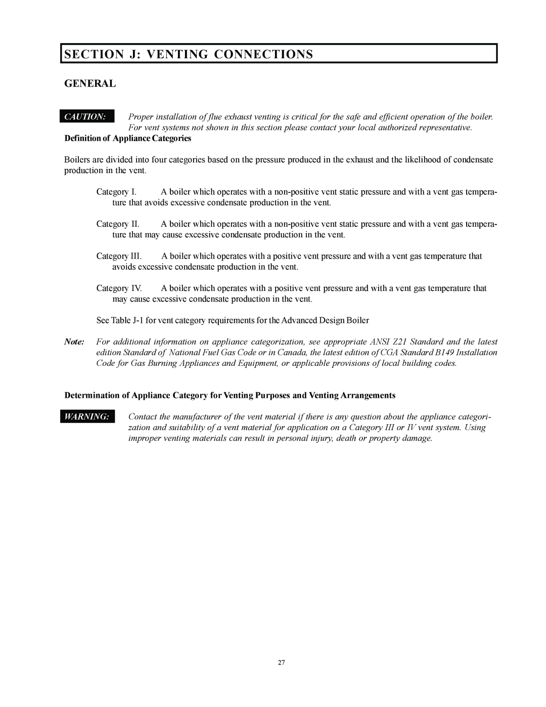 Raypak 500, 750, 1000 installation instructions Section J Venting Connections, General 