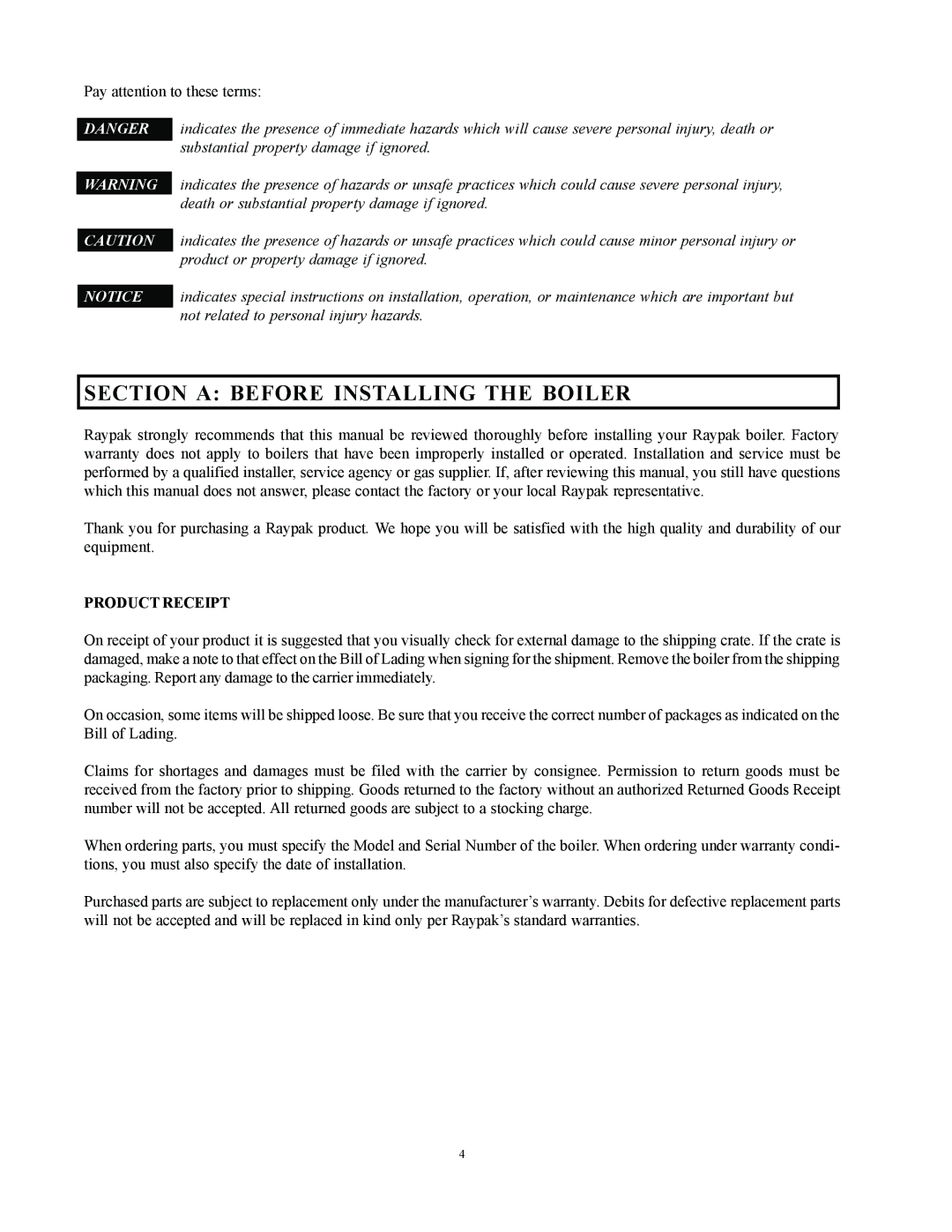 Raypak 750, 500, 1000 installation instructions Section a Before Installing the Boiler, Product Receipt 