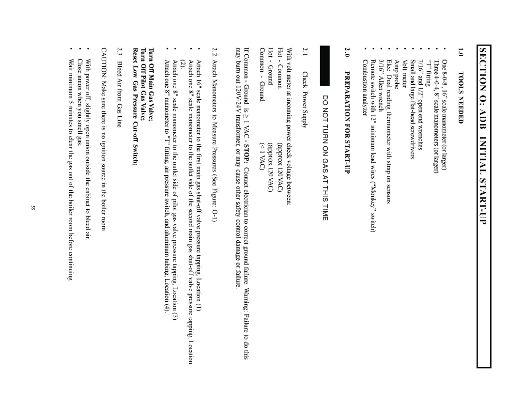 Raypak 1000, 500 Section O ADB Initial START-UP, Tools Needed, Preparation for START-UP Do not Turn on GAS AT this Time 