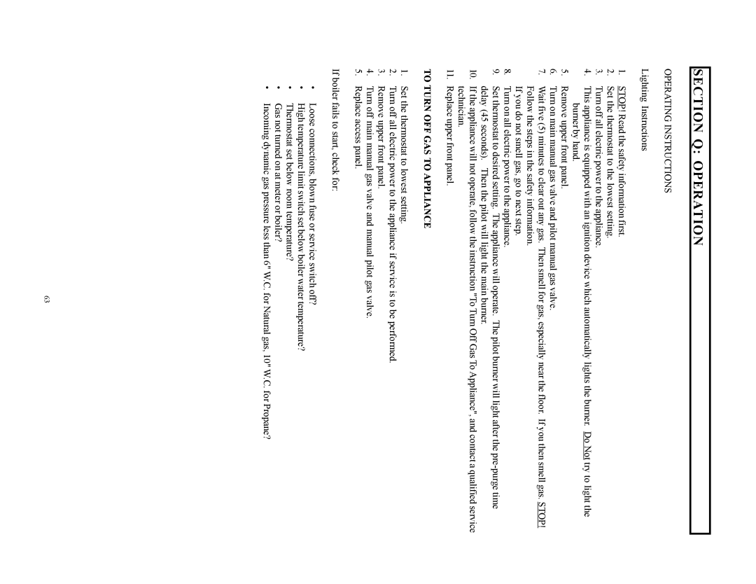 Raypak 500, 750, 1000 installation instructions Section Q Operation, Operating Instructions, To Turn OFF GAS to Appliance 