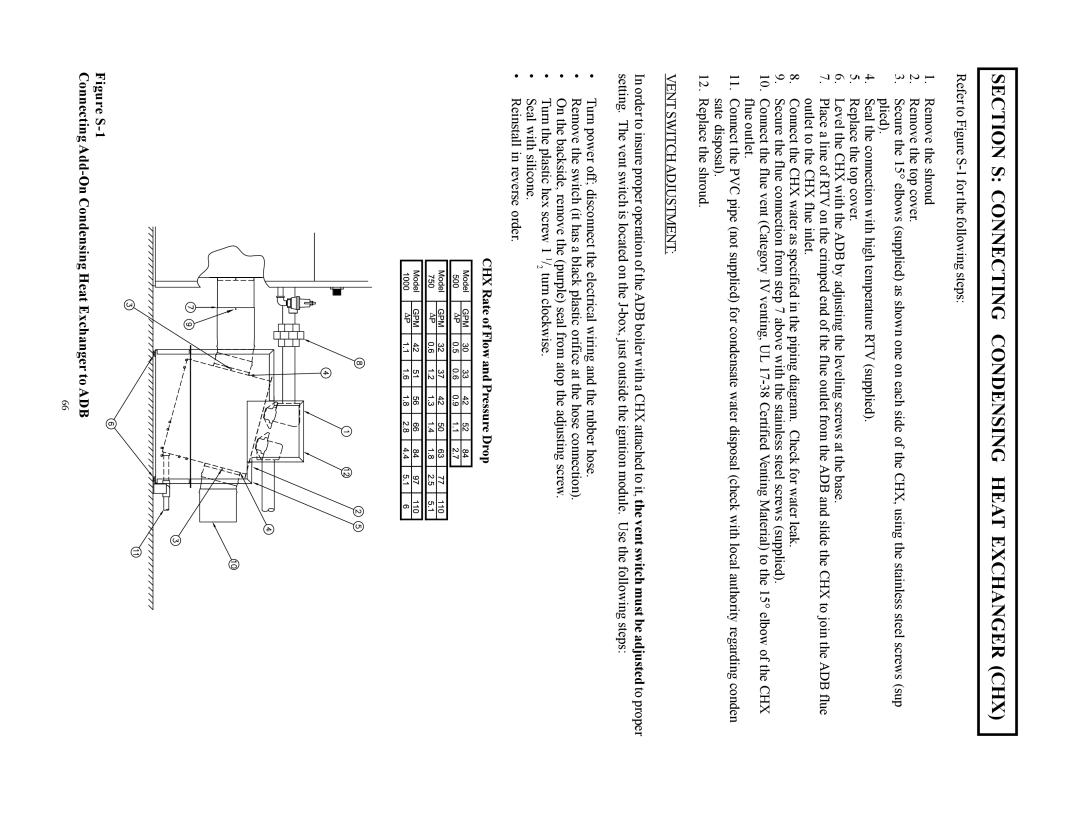 Raypak 500, 750, 1000 installation instructions Section S Connecting Condensing Heat Exchanger CHX, Vent Switch Adjustment 