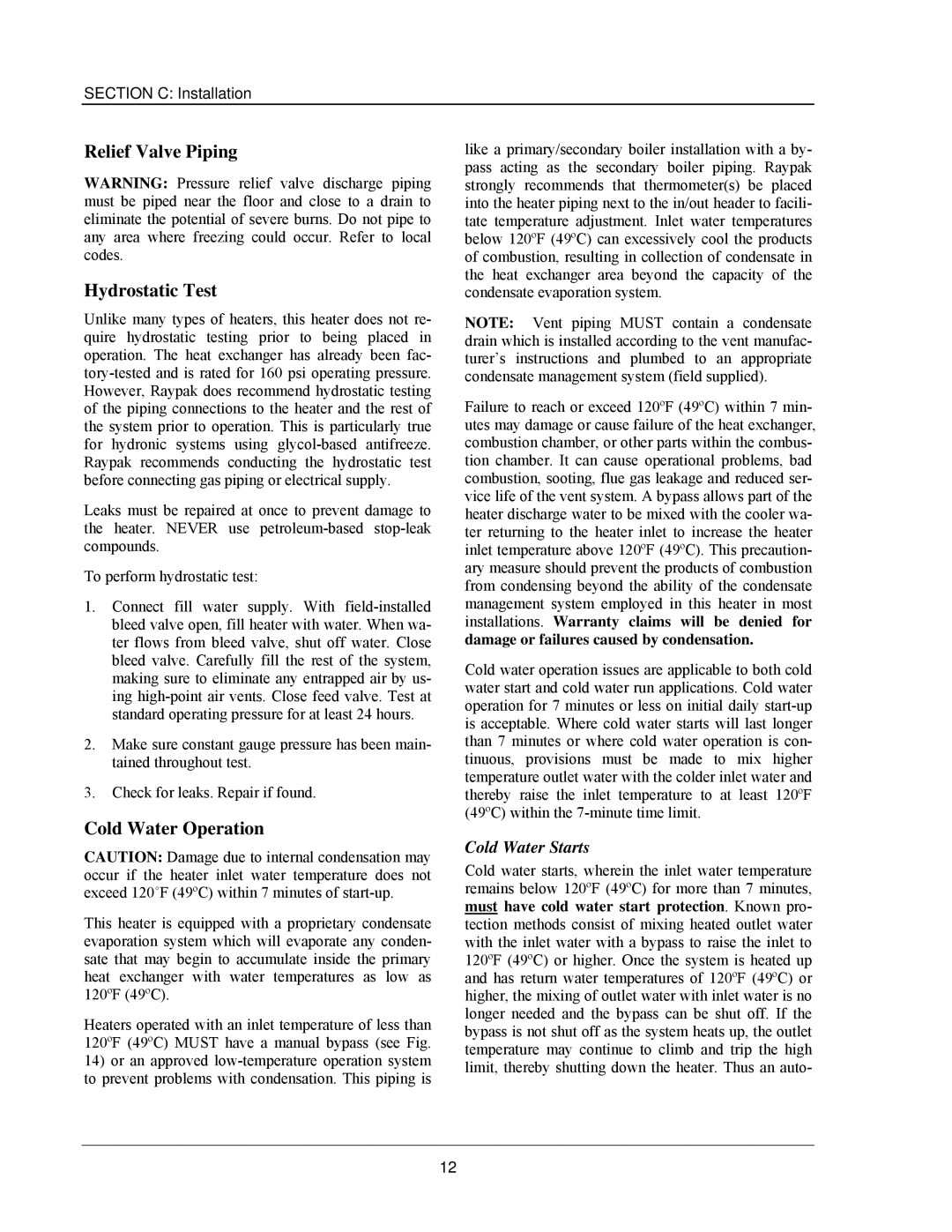 Raypak 503-2003 manual Relief Valve Piping Hydrostatic Test, Cold Water Operation, Cold Water Starts 