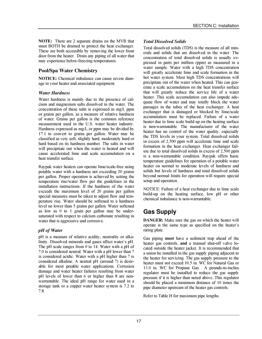 Raypak 503-2003 manual Gas Supply, Pool/Spa Water Chemistry, Water Hardness, PH of Water, Total Dissolved Solids 