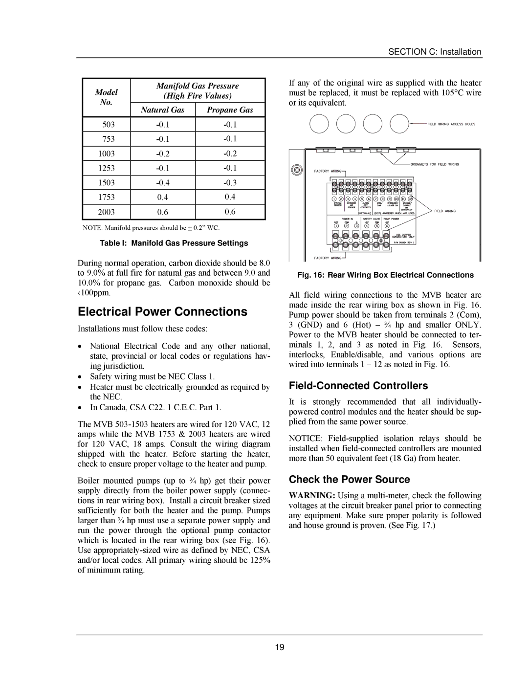 Raypak 503-2003 manual Electrical Power Connections, Field-Connected Controllers, Check the Power Source 