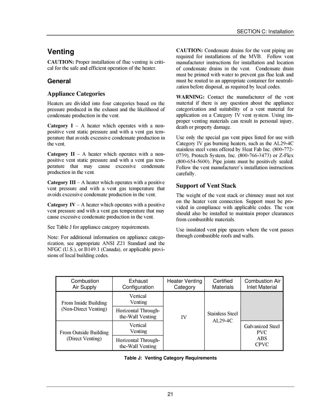 Raypak 503-2003 manual Venting, Appliance Categories, Support of Vent Stack, Inlet Material 