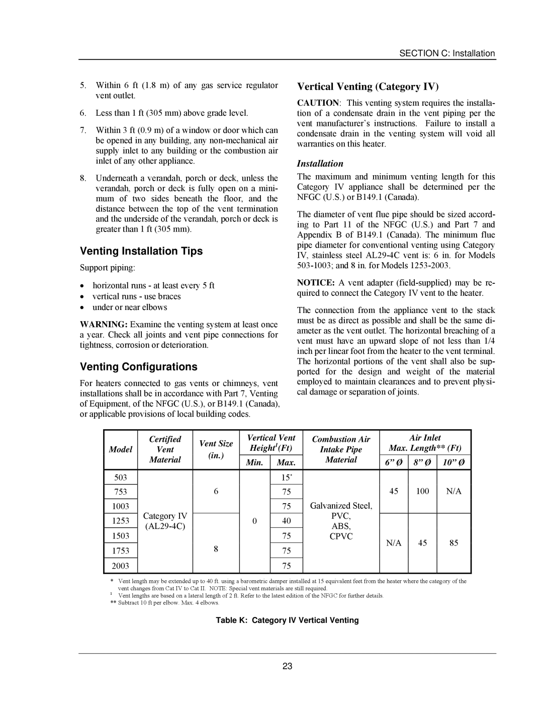 Raypak 503-2003 manual Venting Installation Tips, Venting Configurations, Vertical Venting Category, Min Max 10 Ø 