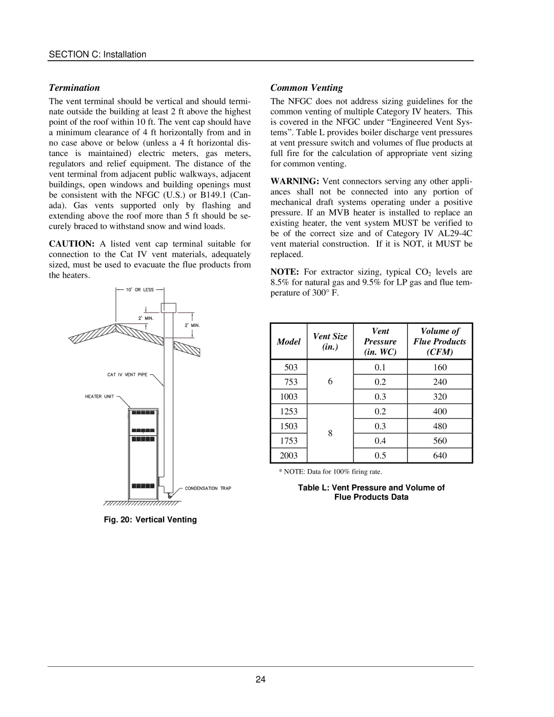 Raypak 503-2003 manual Termination, Common Venting, Vent Size Volume Model Pressure Flue Products In. WC 