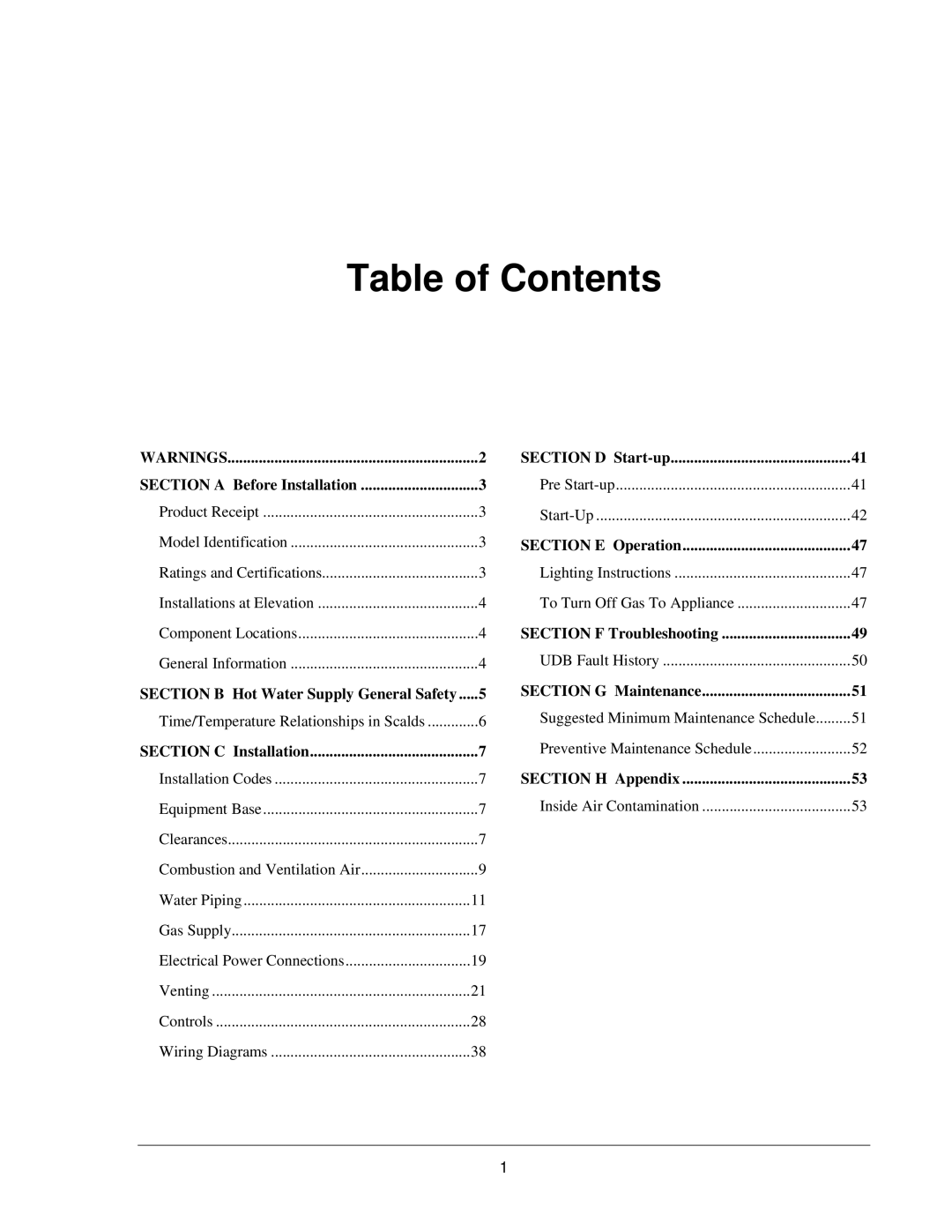 Raypak 503-2003 manual Table of Contents 