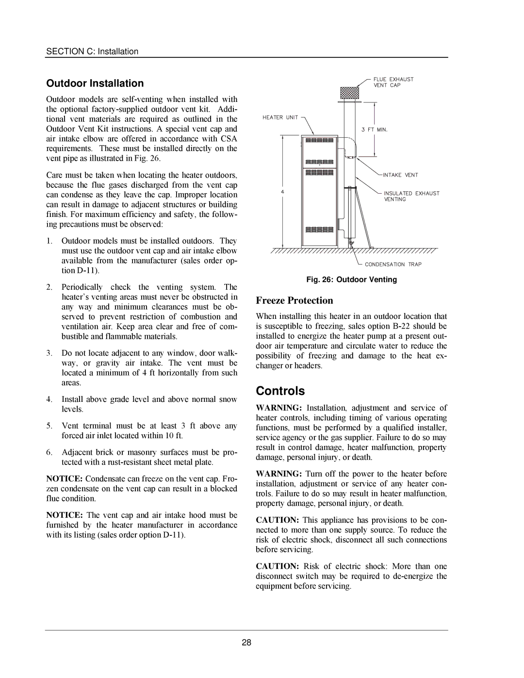 Raypak 503-2003 manual Controls, Outdoor Installation, Freeze Protection 