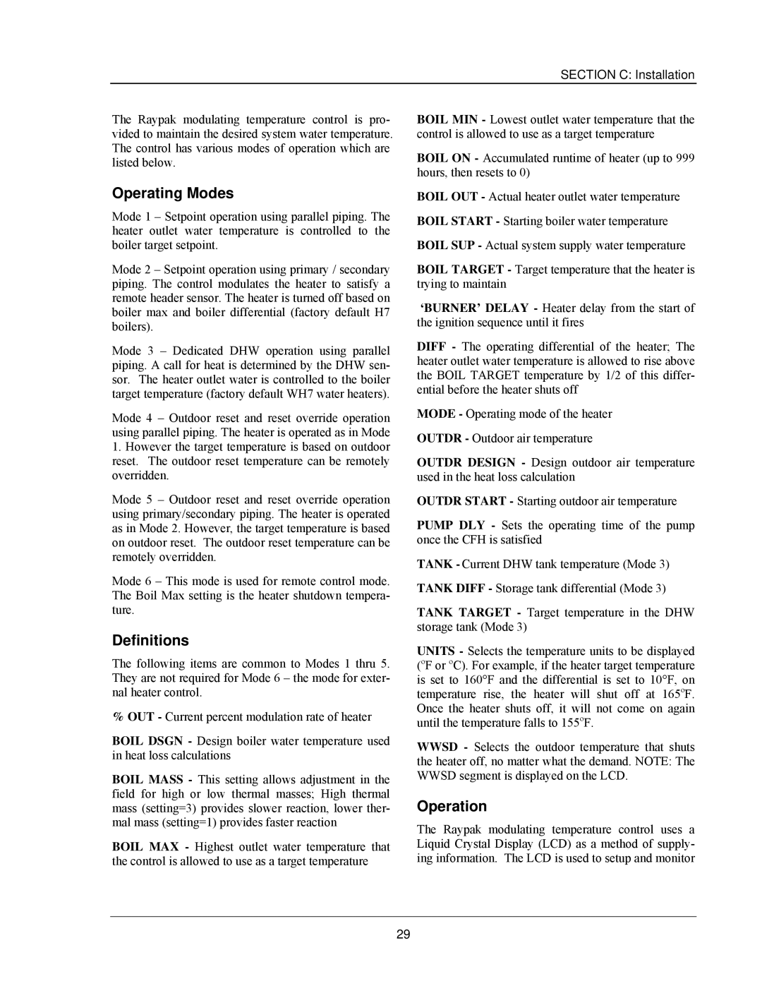 Raypak 503-2003 manual Operating Modes, Definitions, Operation 