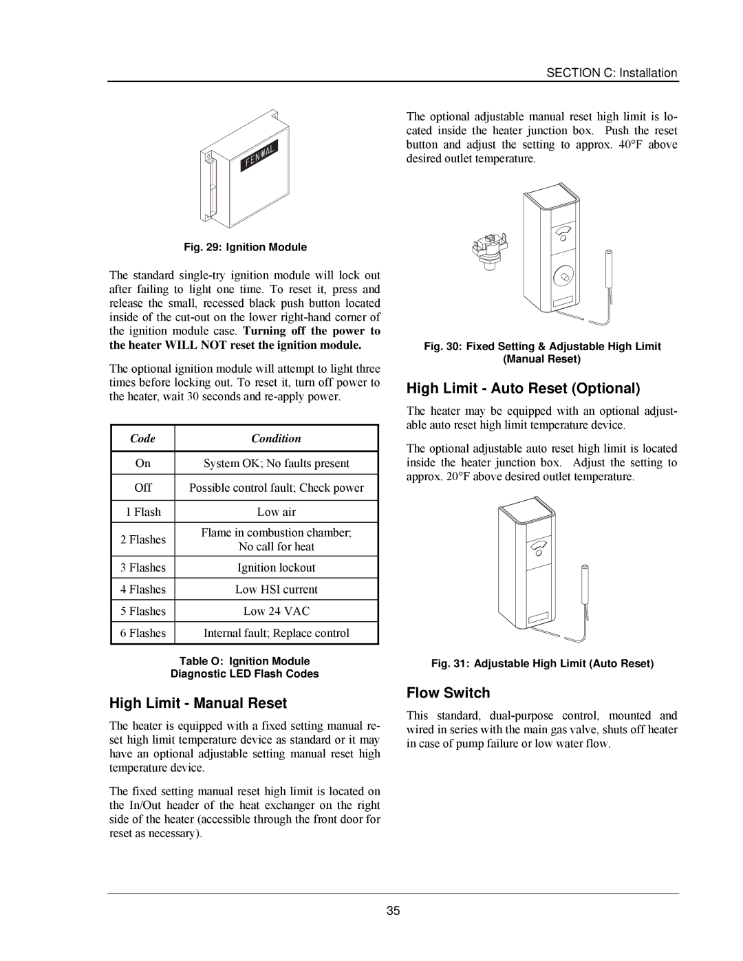 Raypak 503-2003 manual High Limit Manual Reset, High Limit Auto Reset Optional, Flow Switch, Code Condition 