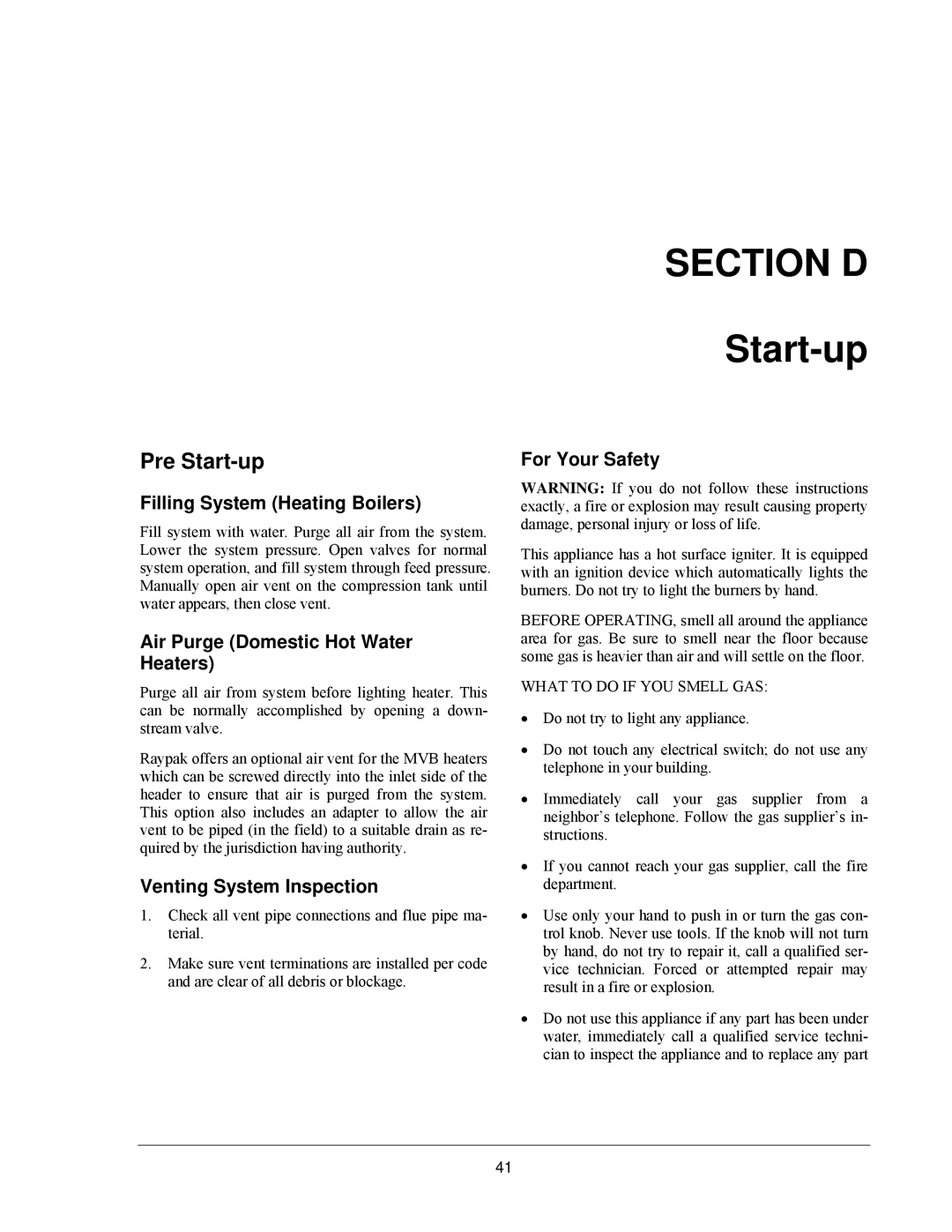 Raypak 503-2003 manual Section D, Pre Start-up 