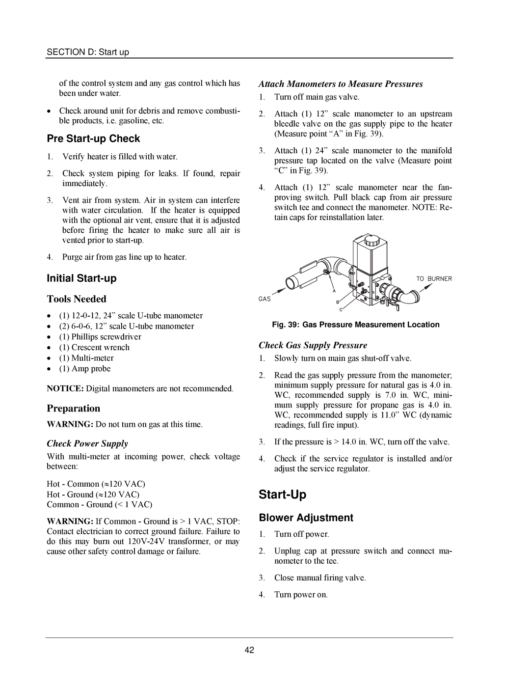 Raypak 503-2003 manual Start-Up, Pre Start-up Check, Initial Start-up, Blower Adjustment 