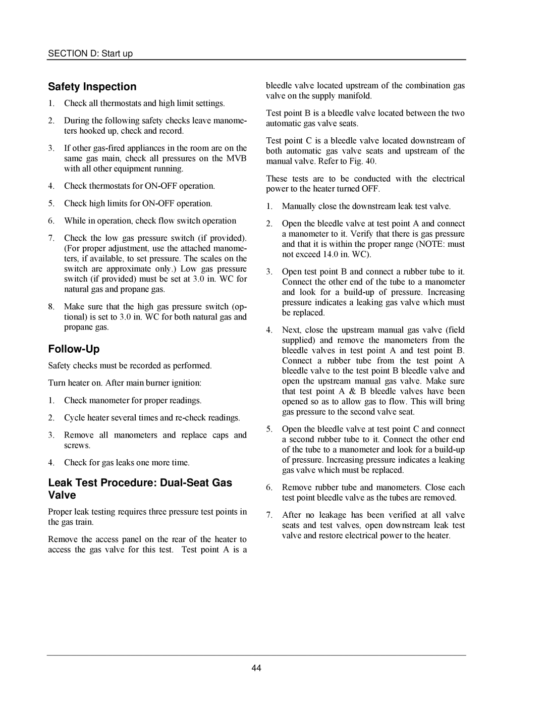 Raypak 503-2003 manual Safety Inspection, Follow-Up, Leak Test Procedure Dual-Seat Gas Valve 