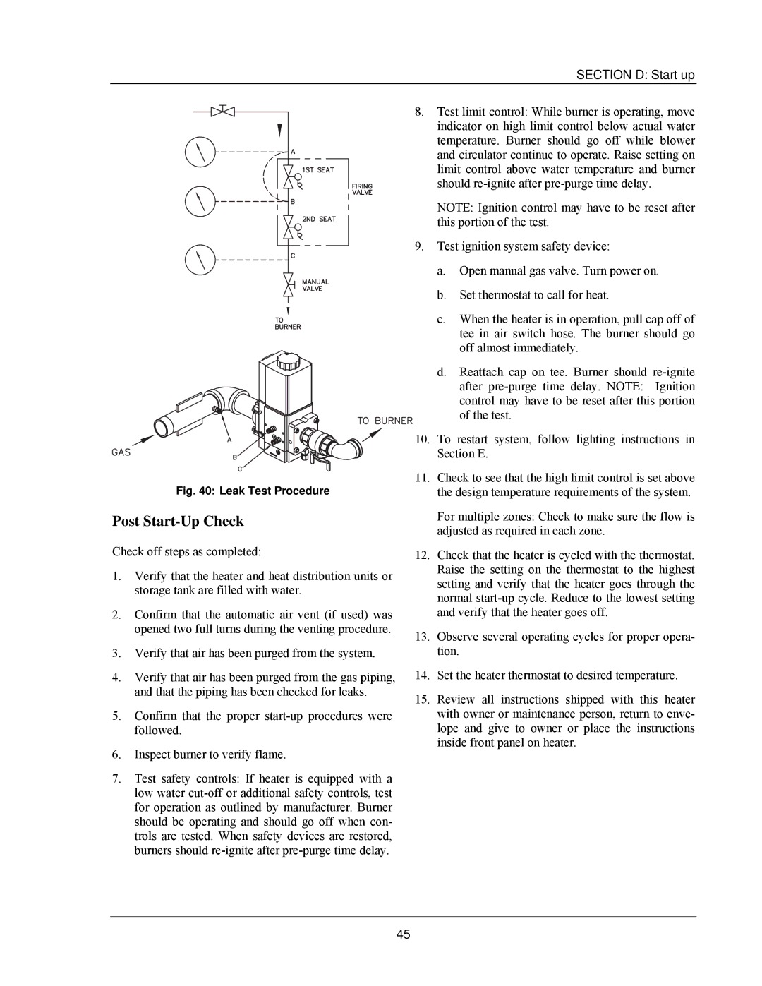 Raypak 503-2003 manual Post Start-Up Check, Leak Test Procedure 