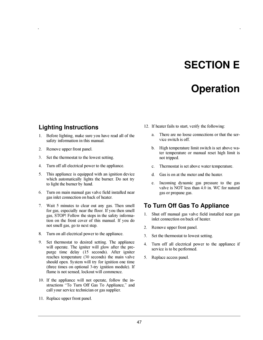 Raypak 503-2003 manual Section E, Operation, Lighting Instructions, To Turn Off Gas To Appliance 