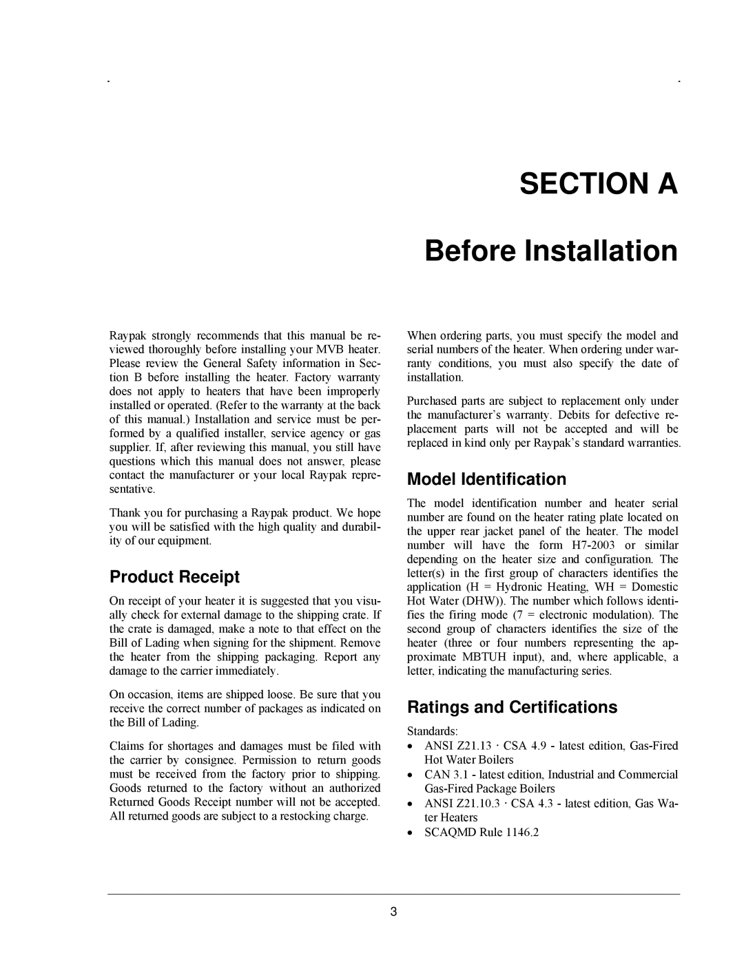 Raypak 503-2003 manual Section a, Before Installation, Product Receipt, Model Identification, Ratings and Certifications 