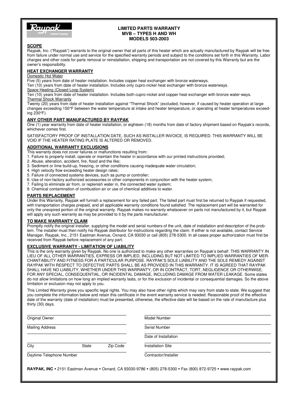 Raypak 503-2003 manual Limited Parts Warranty MVB Types H and WH 