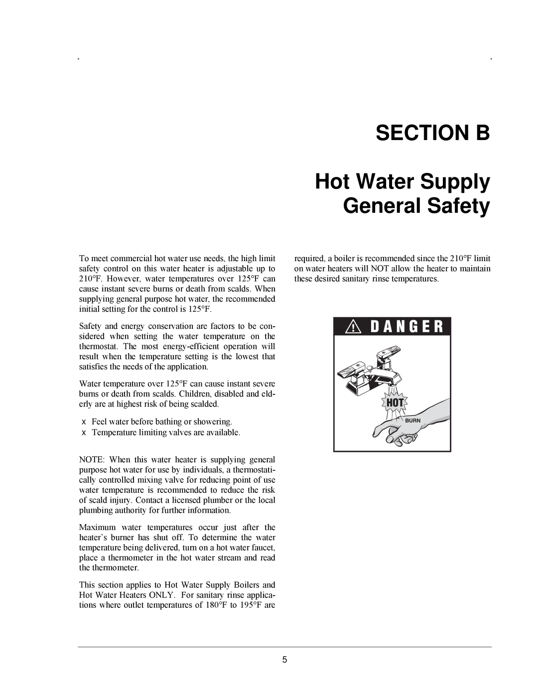 Raypak 503-2003 manual Section B, Hot Water Supply General Safety 