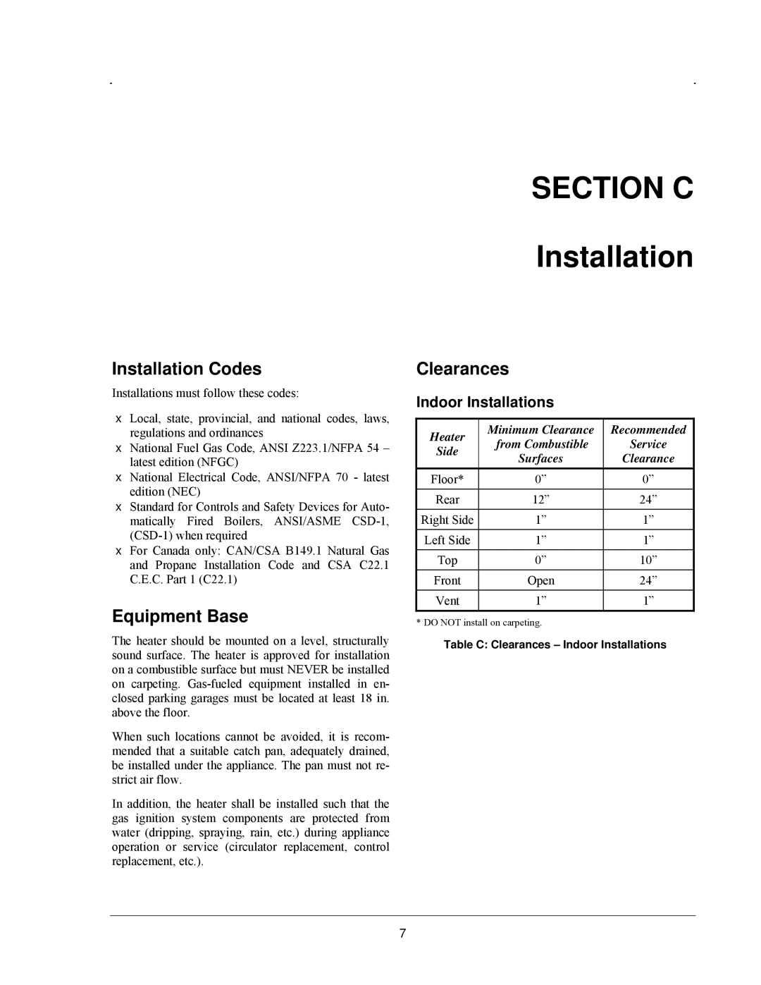 Raypak 503-2003 manual Section C, Installation Codes, Equipment Base, Clearances 