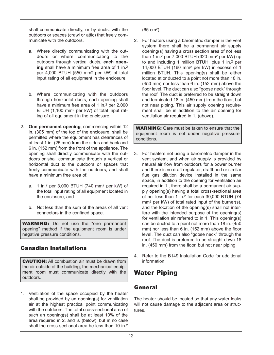 Raypak 503-2003 manual Water Piping, Canadian Installations, General 