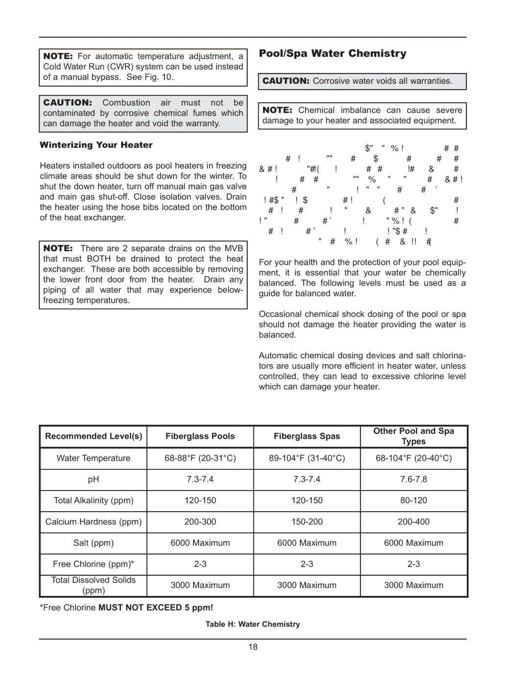 Raypak 503-2003 manual Pool/Spa Water Chemistry, Winterizing Your Heater, Exceed 5 ppm 