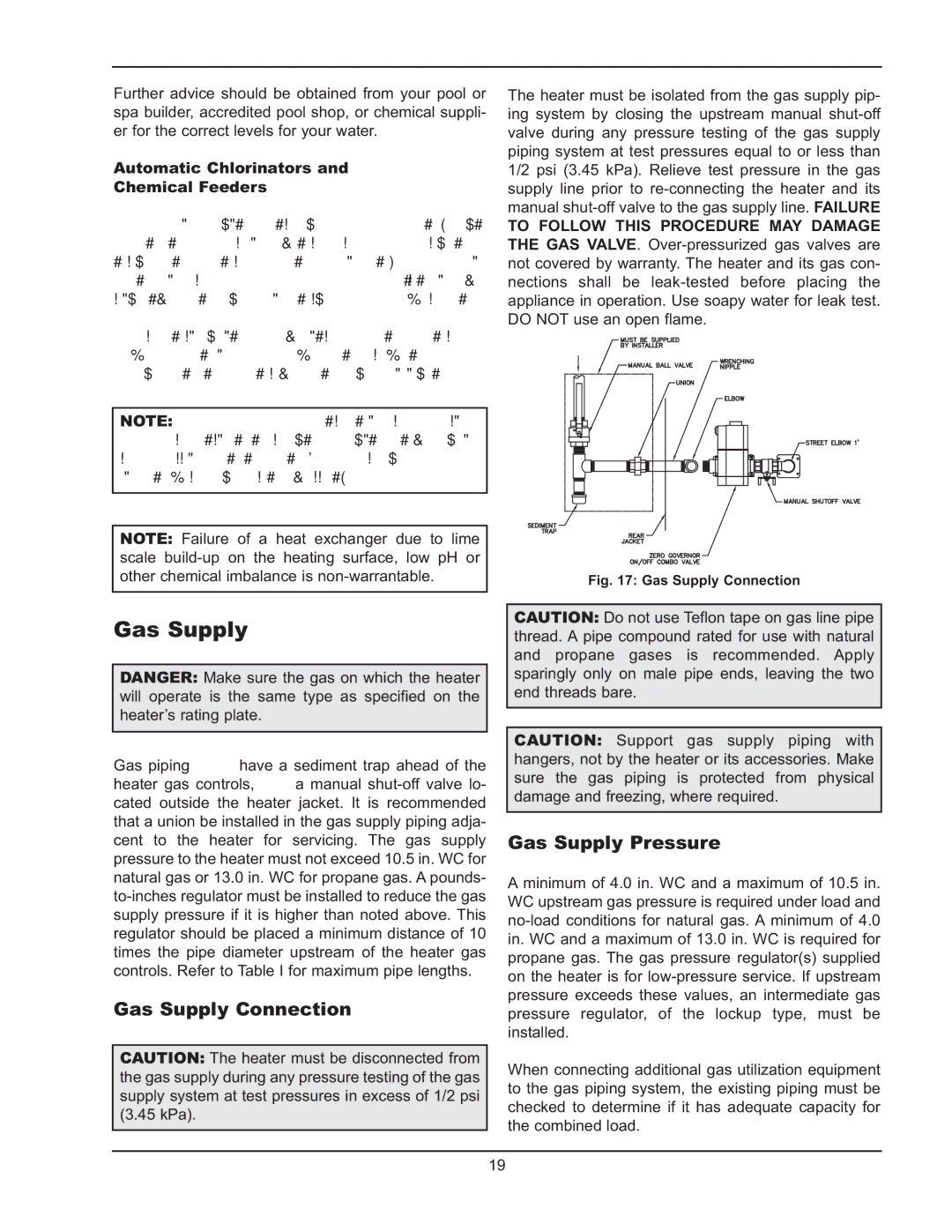 Raypak 503-2003 manual Gas Supply Connection, Gas Supply Pressure, Automatic Chlorinators Chemical Feeders 