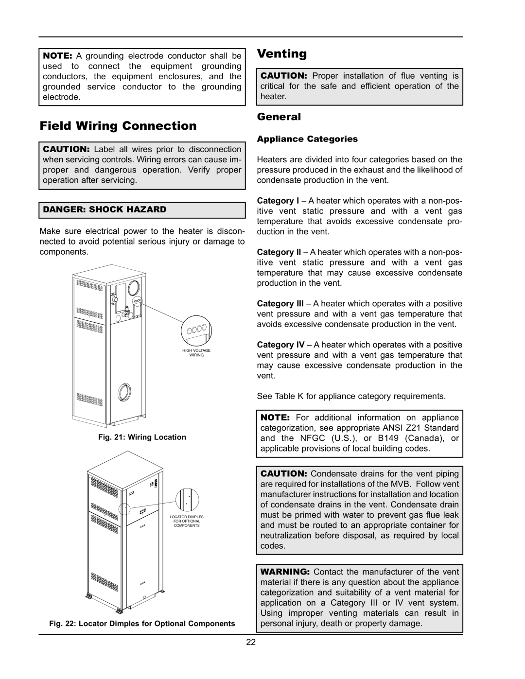 Raypak 503-2003 manual Field Wiring Connection, Venting, Appliance Categories 