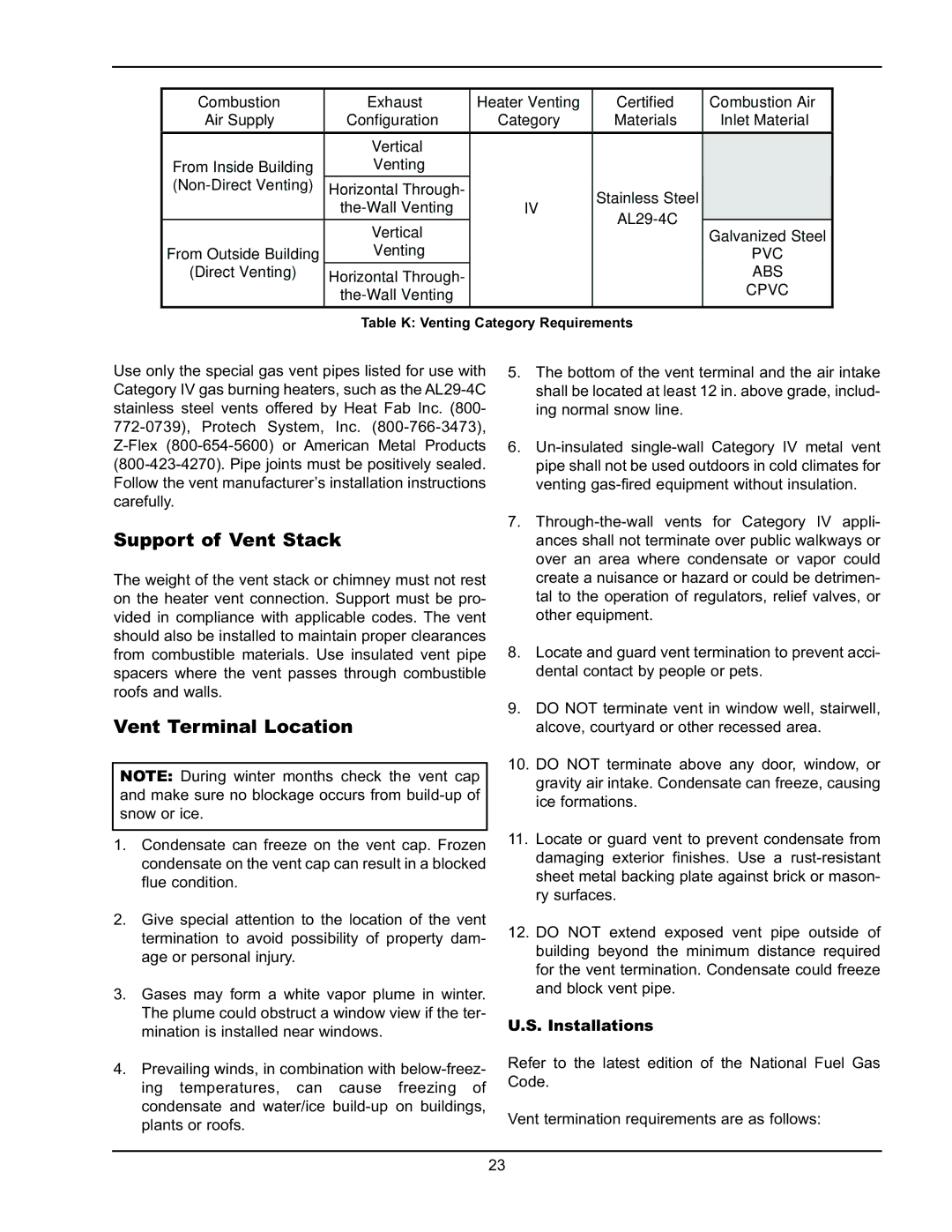 Raypak 503-2003 manual Support of Vent Stack, Vent Terminal Location, Installations 