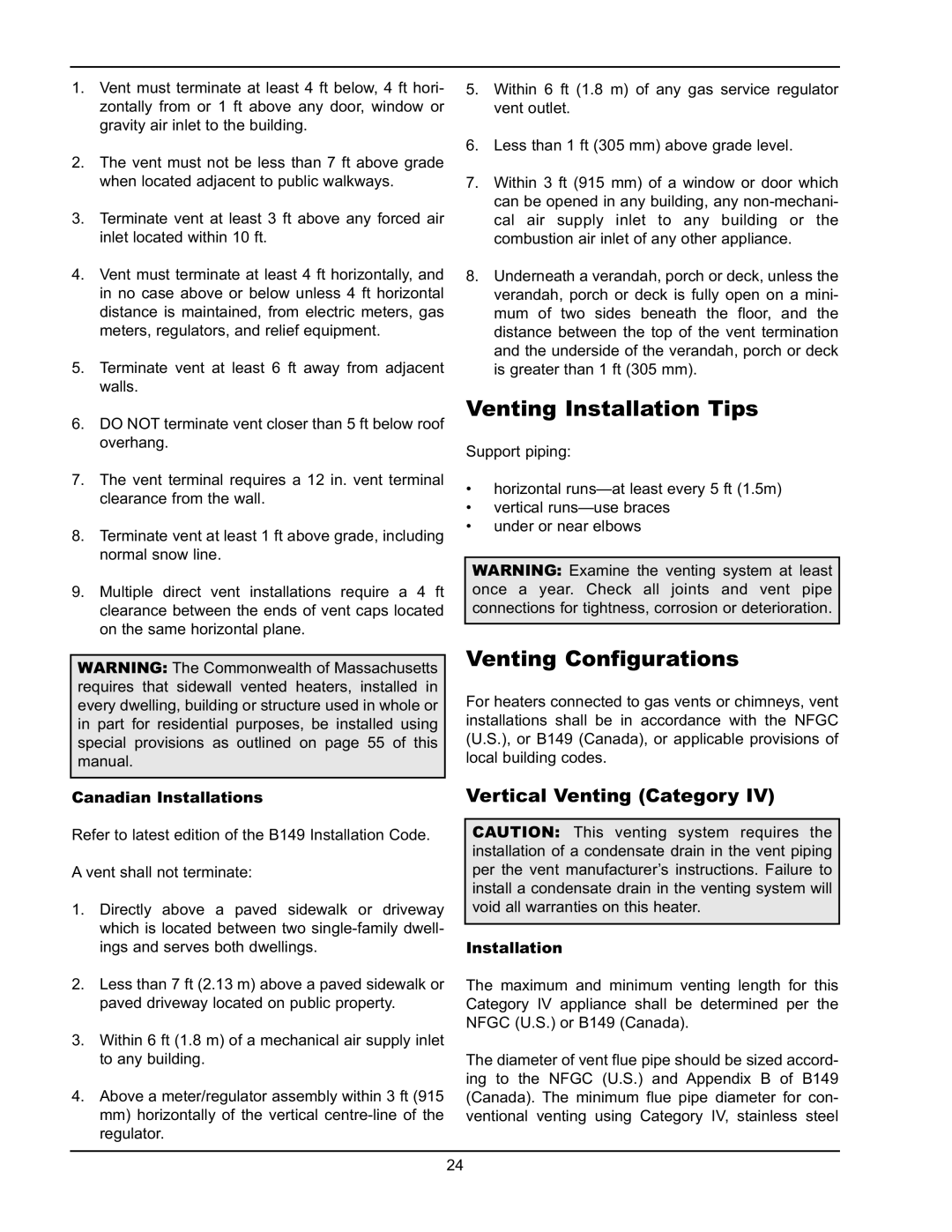 Raypak 503-2003 manual Venting Installation Tips, Venting Configurations, Vertical Venting Category, Canadian Installations 