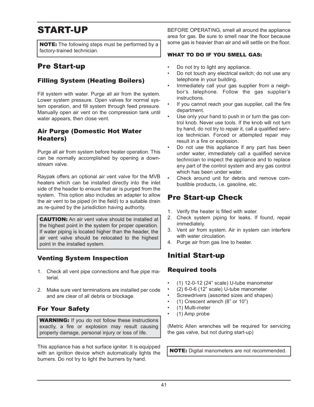 Raypak 503-2003 manual Start-Up, Pre Start-up Check, Initial Start-up 