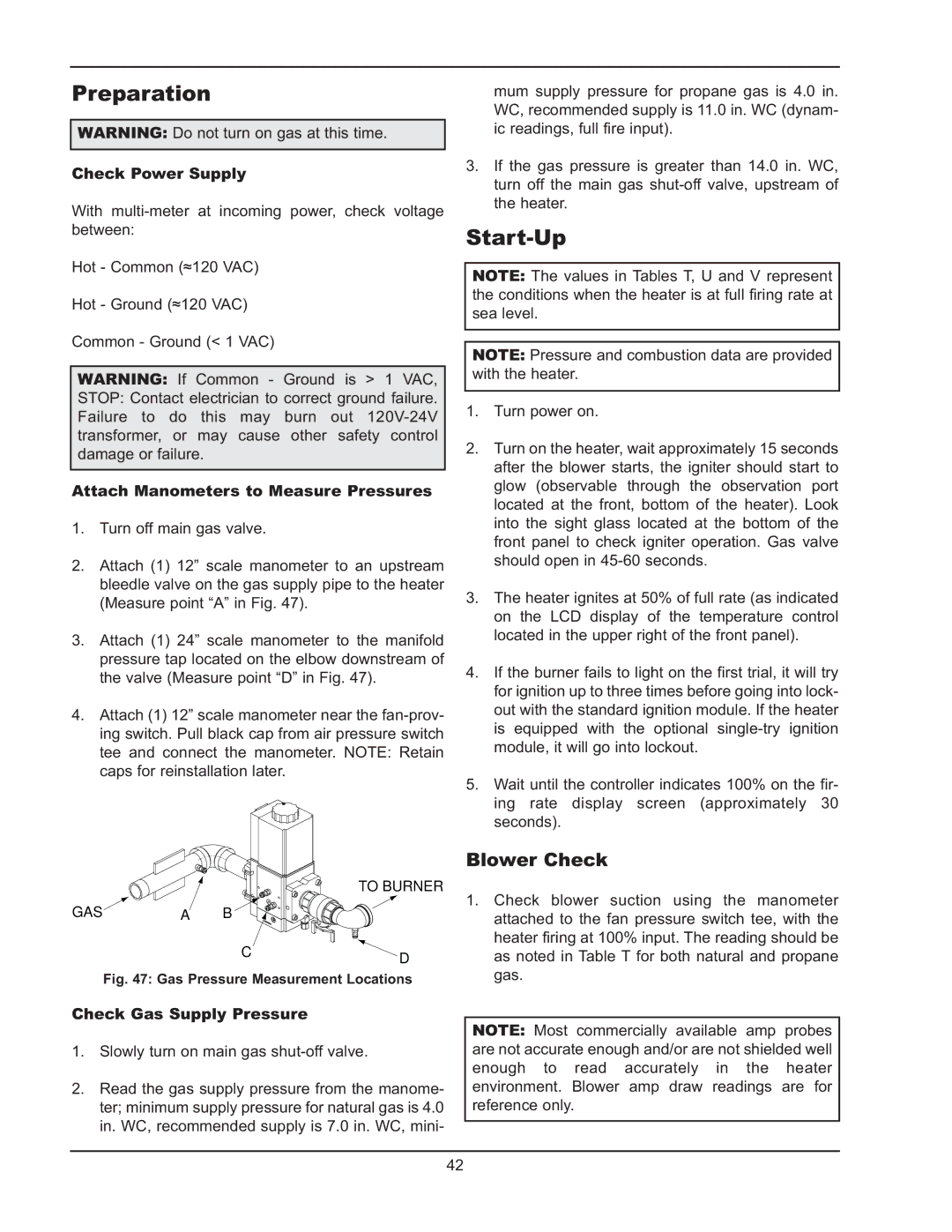 Raypak 503-2003 manual Preparation, Start-Up, Blower Check 