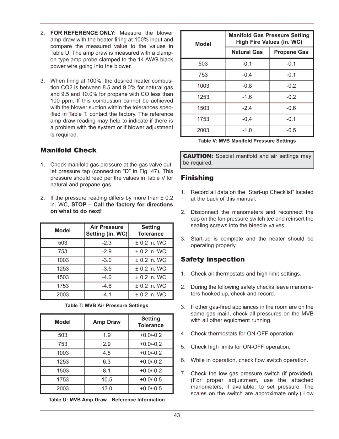 Raypak 503-2003 manual Manifold Check, Finishing, Safety Inspection, Model Air Pressure Setting Setting in. WC 