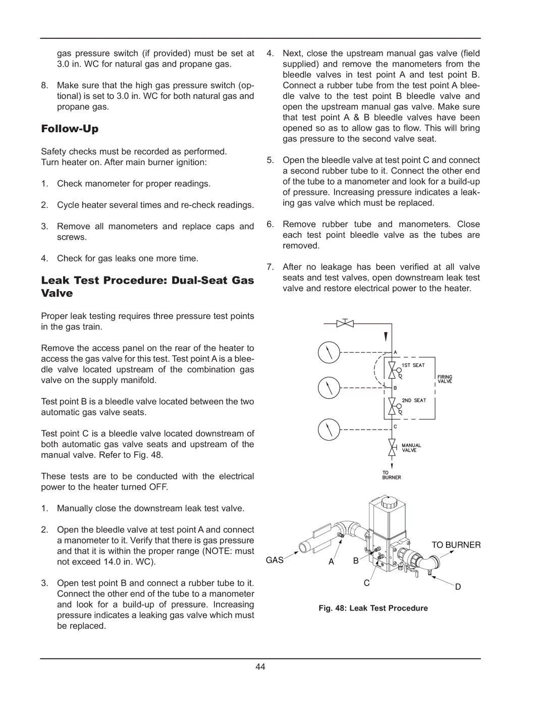 Raypak 503-2003 manual Follow-Up, Leak Test Procedure Dual-Seat Gas Valve 