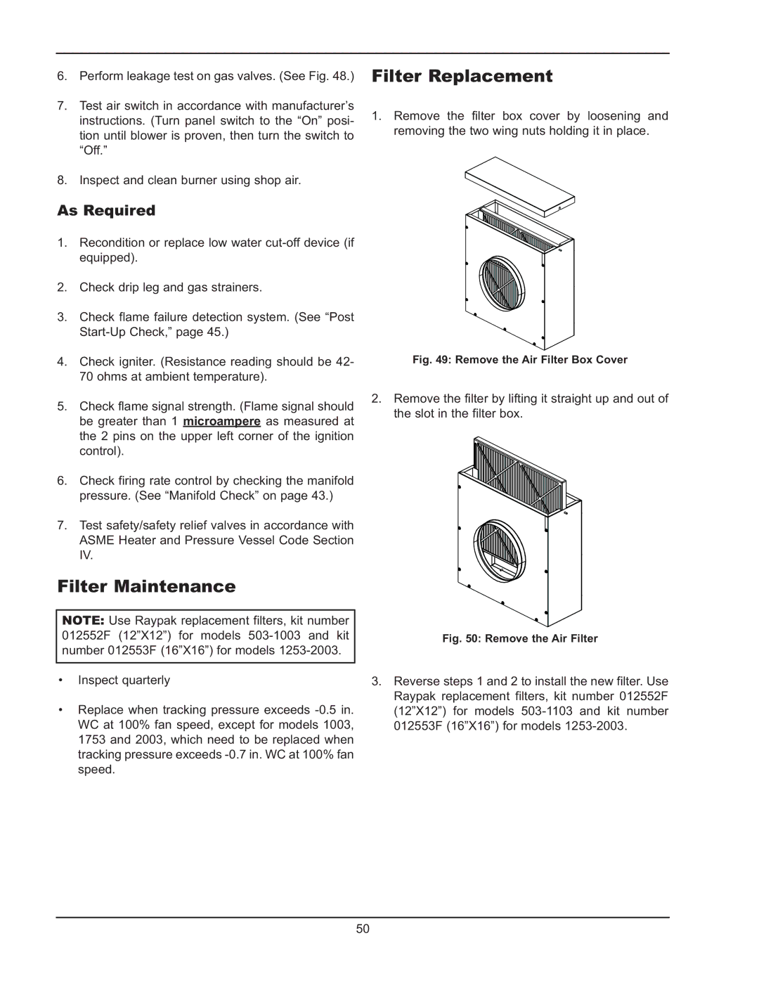 Raypak 503-2003 manual Filter Maintenance, Filter Replacement, As Required 