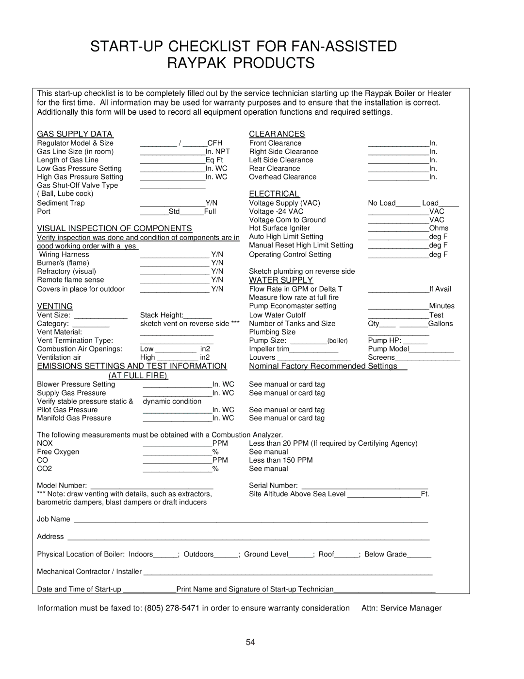 Raypak 503-2003 manual START-UP Checklist for FAN-ASSISTED Raypak Products 