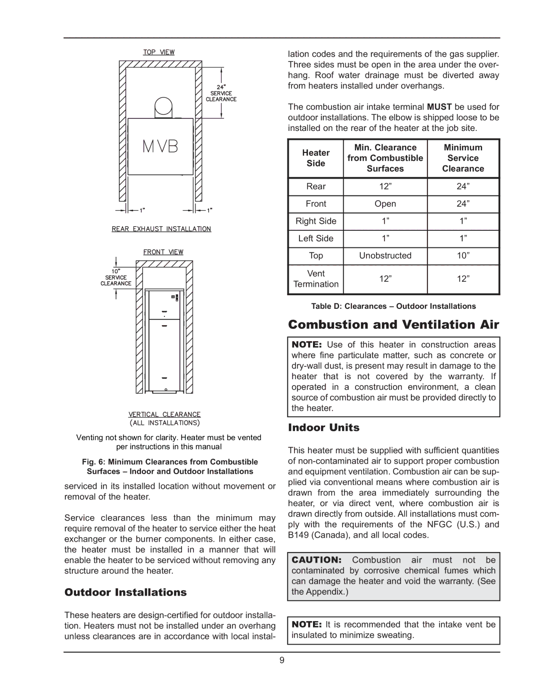 Raypak 503-2003 manual Combustion and Ventilation Air, Outdoor Installations, Indoor Units 