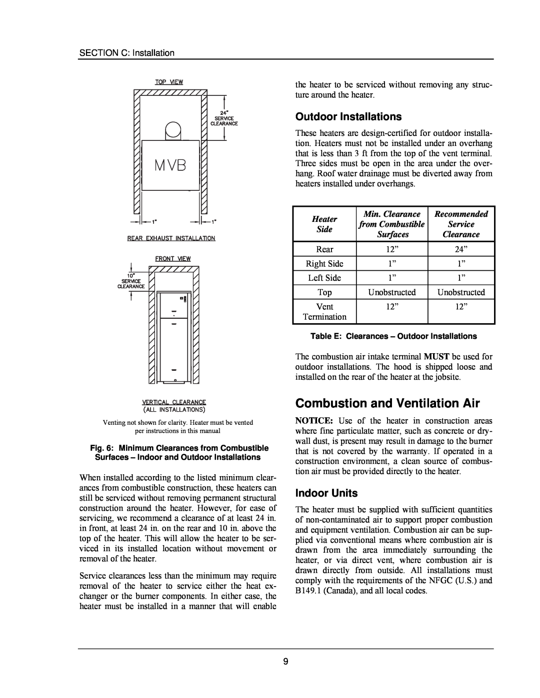 Raypak 503-2003 manual Combustion and Ventilation Air, Outdoor Installations, Indoor Units 