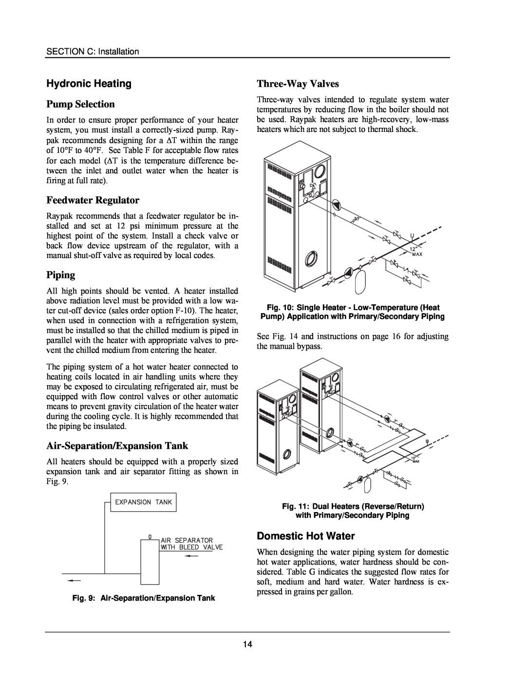 Raypak 503-2003 manual Hydronic Heating, Pump Selection, Feedwater Regulator, Piping, Air-Separation/ExpansionTank 