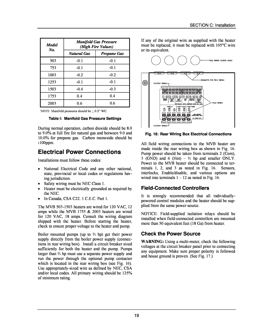 Raypak 503-2003 manual Electrical Power Connections, Field-ConnectedControllers, Check the Power Source 