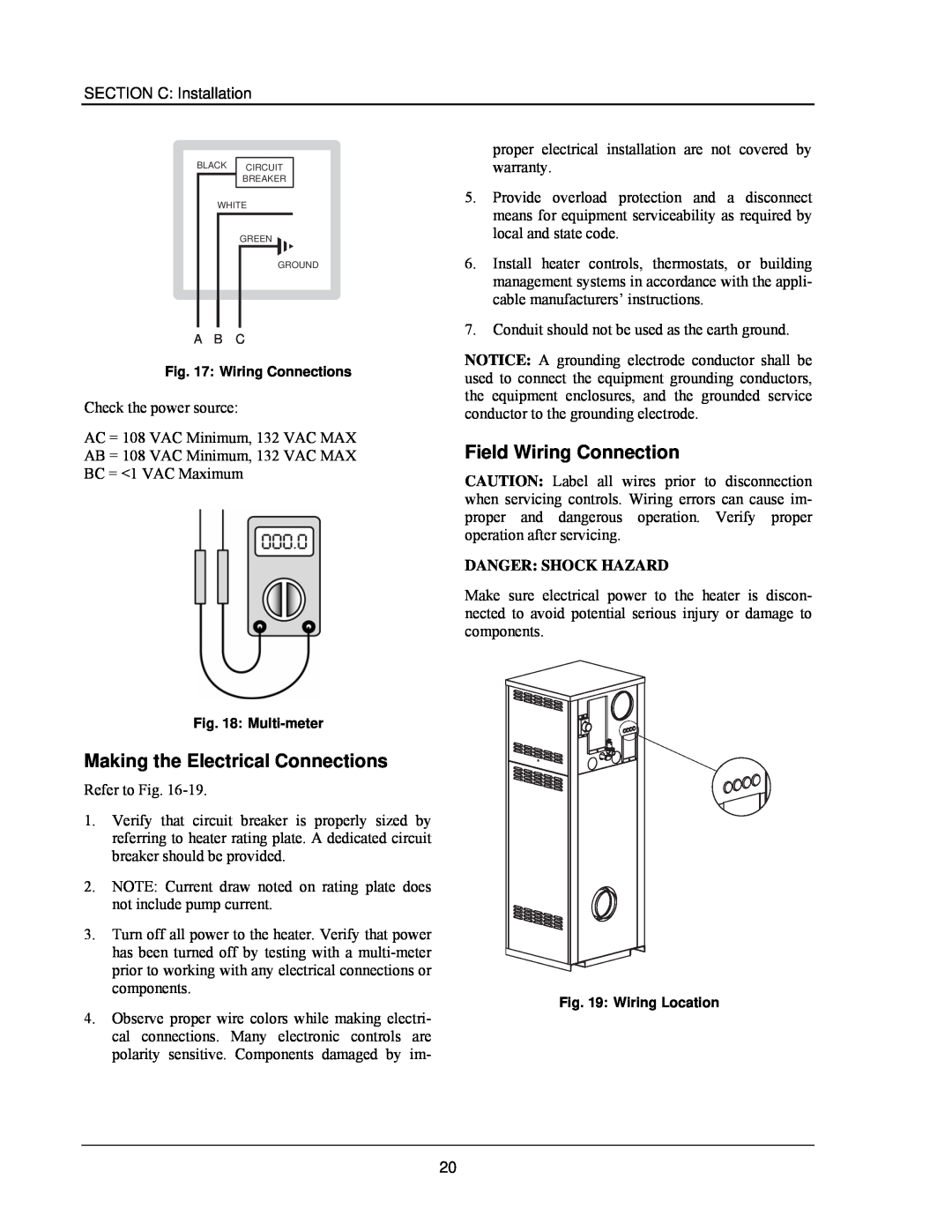 Raypak 503-2003 manual Making the Electrical Connections, Field Wiring Connection, Danger Shock Hazard 