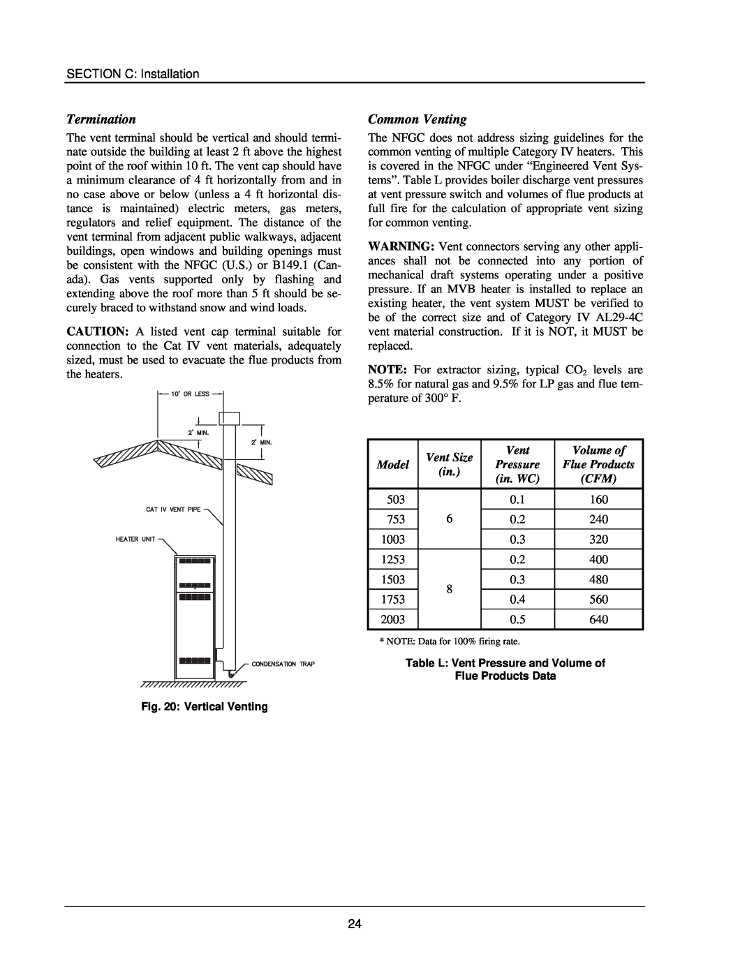 Raypak 503-2003 manual Termination, Common Venting, Vent Size, Volume of, Model, Pressure, Flue Products, in. WC 