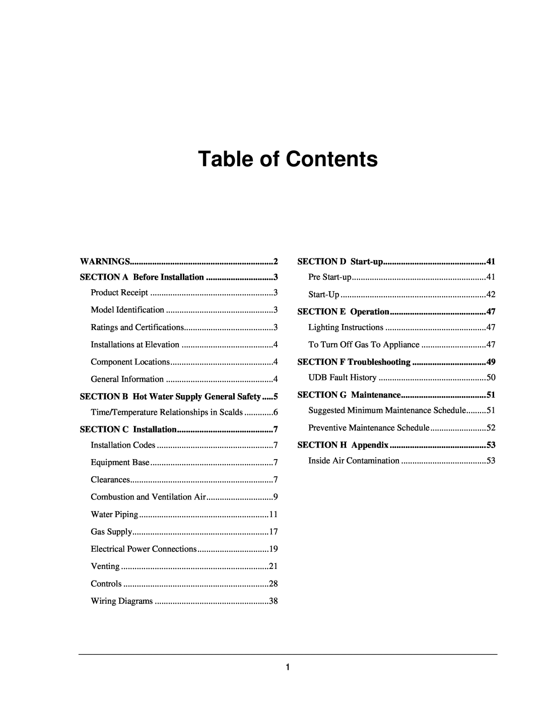 Raypak 503-2003 manual Table of Contents 