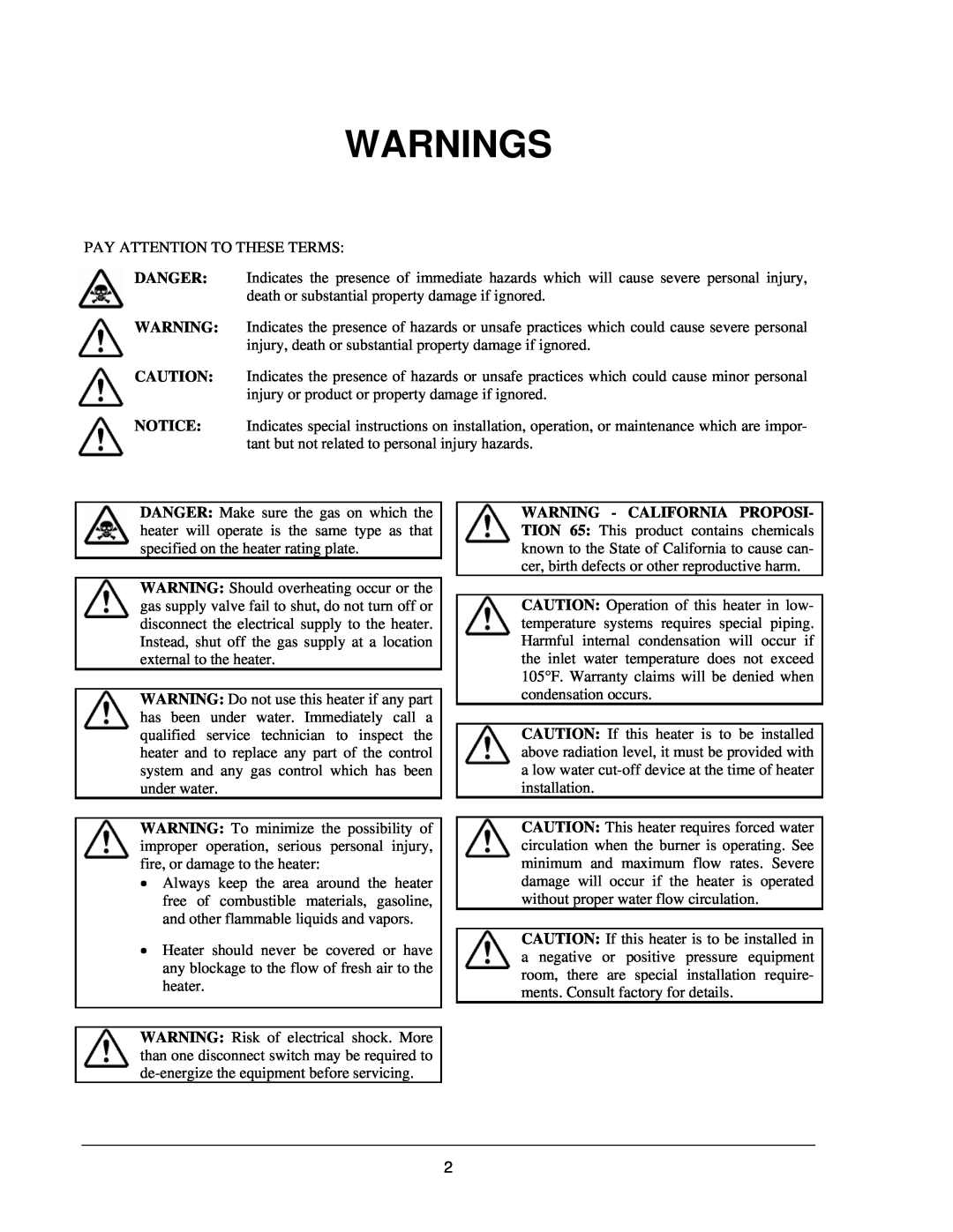 Raypak 503-2003 manual Warnings 