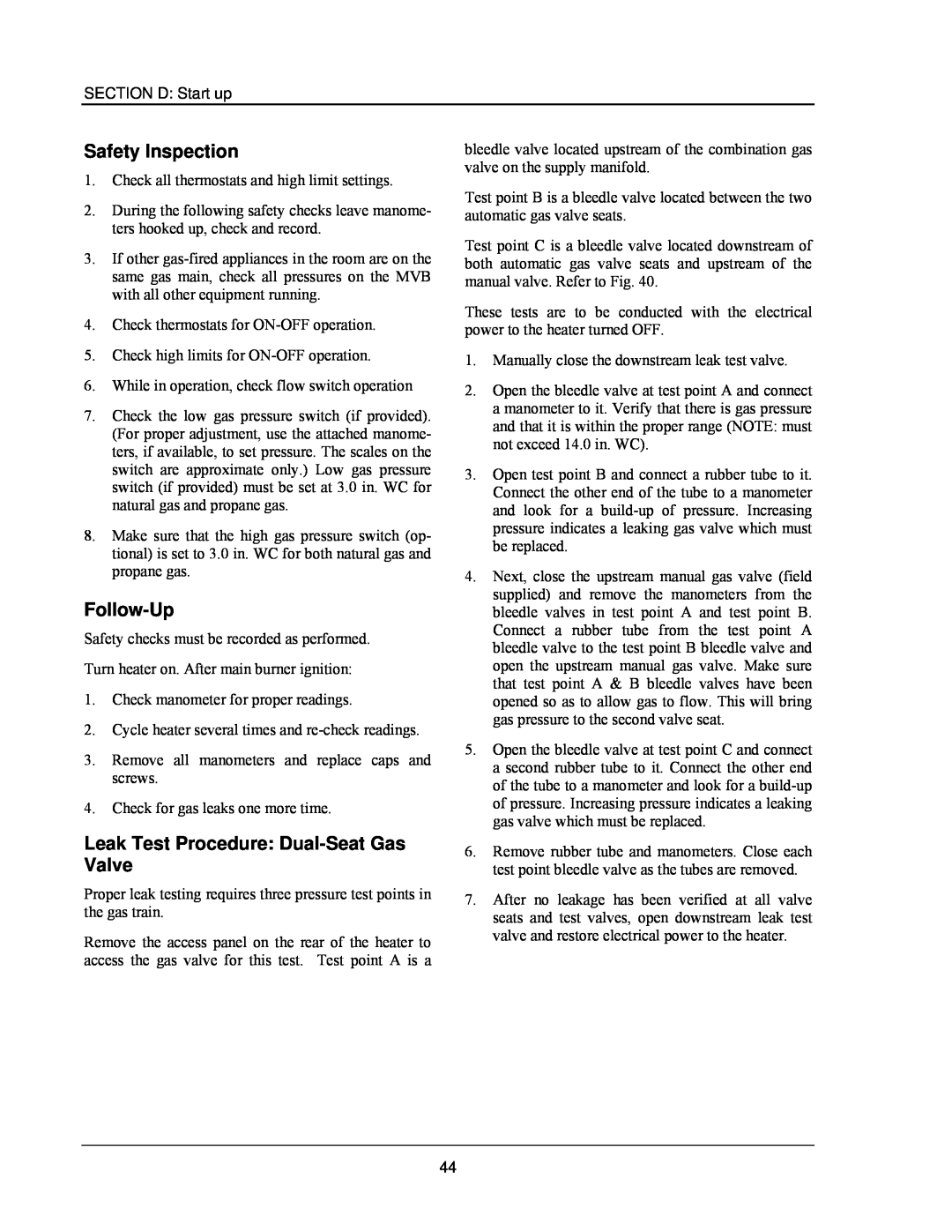 Raypak 503-2003 manual Safety Inspection, Follow-Up, Leak Test Procedure Dual-SeatGas Valve 