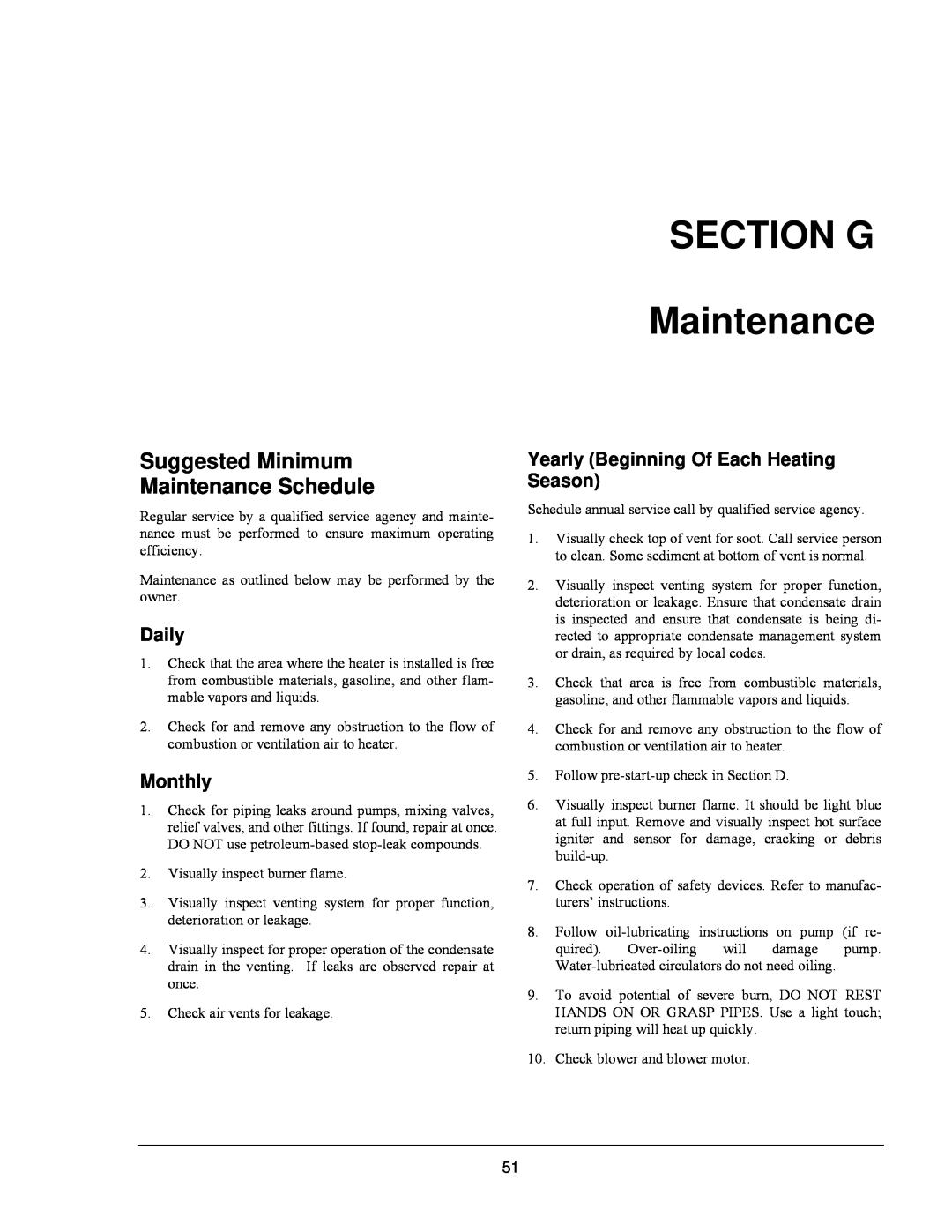 Raypak 503-2003 manual SECTION G Maintenance, Suggested Minimum Maintenance Schedule, Daily, Monthly 