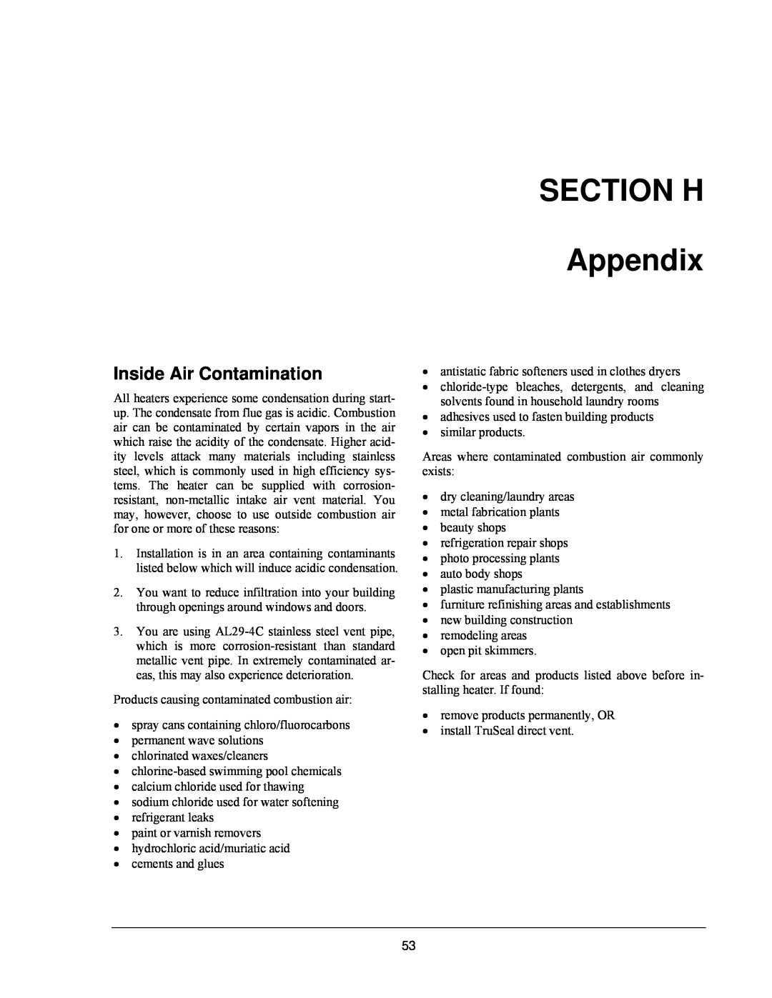 Raypak 503-2003 manual SECTION H Appendix, Inside Air Contamination 