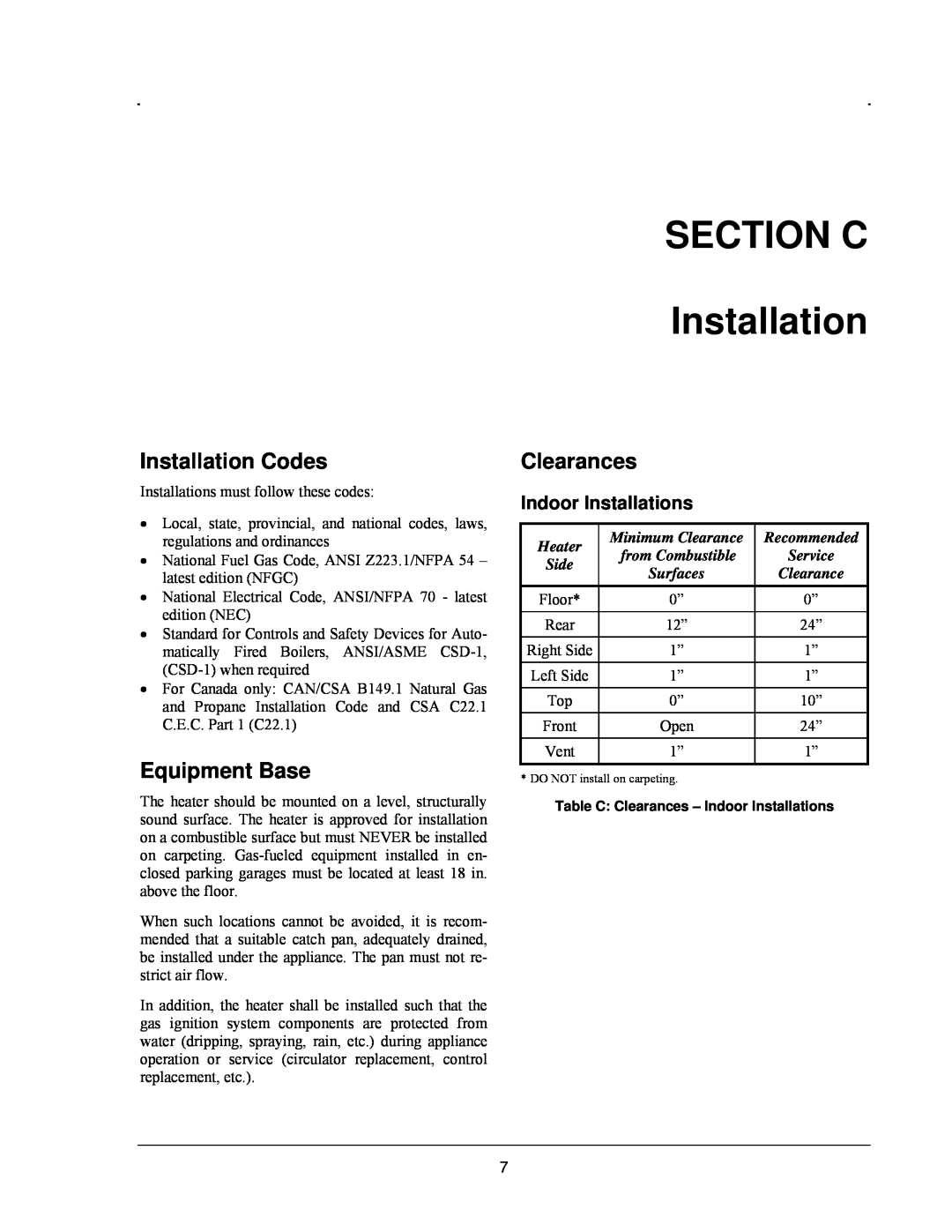 Raypak 503-2003 manual SECTION C Installation, Installation Codes, Equipment Base, Clearances, Indoor Installations 