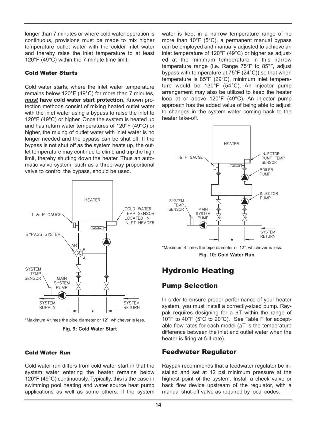 Raypak 503-2003 manual Hydronic Heating, Pump Selection, Feedwater Regulator, Cold Water Starts, Cold Water Run 